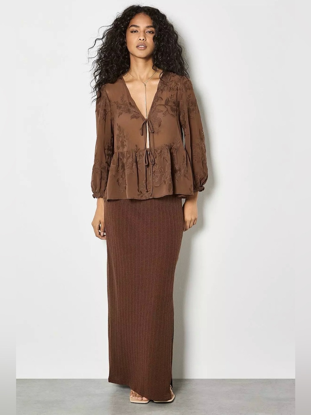 APRICOT 🍑 Embroidered Chiffon Peplum Top Tie-Front - Picture 3 of 7